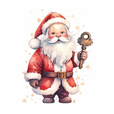 Create a detailed clipart image on a solid white background of a cute dreamy watercolour illustration Santa Claus, dressed in his red suit, holding out a gleaming sparkling little magic key with bright twinkling magic surrounding the key. Let his jolly expression and twinkling eyes convey the excitement and wonder of the holiday season. Capture the whimsical details of the key, adorned with stars and enigmatic engravings. Santa's hand should hold the key with care, as if it holds the power to un