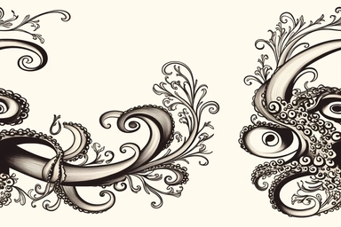 vintage clip art style, tentacles with suckers, corner scroll embelishment flourish style, corner frame design, corner only, tentacles, plain background, simple lines