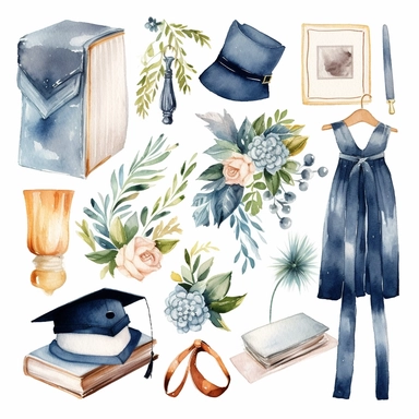 prom, school prom , watercolor white background clipart set single elements with margin