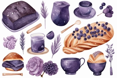 watercolor bake items, bread, coffee, pastry with lavender flowers, in the style of purple and navy, intricate illustrations, chuah thean teng, primitivist elements, dotted, subdued palettes, Clipart Collection, objects isolated on white background