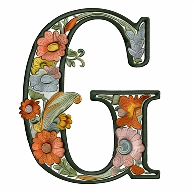 Floral Machine Embroidery, detailed illustration, clipart, white background, letter G