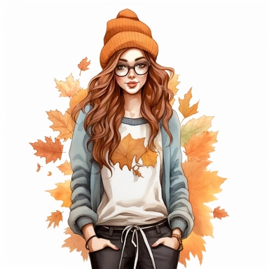 Just a Girl Who Loves Fall , style by Lucy Fleming, watercolor, smooth gradients, black contour outline, ultra detailed, clipart elements, delicate pastel colors, solid white background, super clear, high quality
