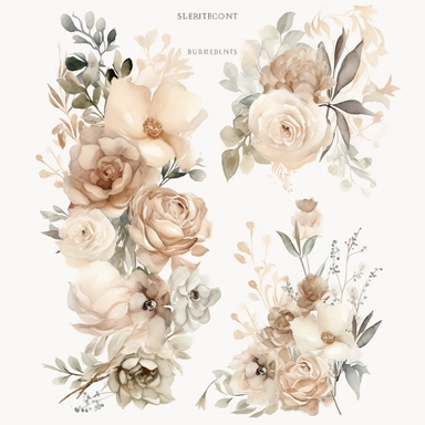 Create a collection of exquisitely detailed watercolor floral clipart, featuring neutral-toned flowers and premade bouquets. The flowers should showcase a range of neutral hues, including soft whites, creams, beiges, and subtle blush tones. Incorporate a variety of floral elements such as roses, peonies, hydrangeas, and other delicate blooms, each with intricate petal details and realistic textures. Design premade bouquets that effortlessly combine these neutral florals into elegant arrangements