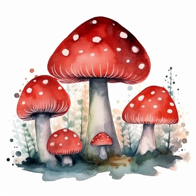 watercolor red mushrooms in forest clipart spaced apart
