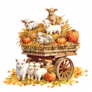 baby farm animals on a hay wagon full of rectangular bales of hay on an autumn day, autumn colors on a white background, clipart, vintage style--q2--s1000
