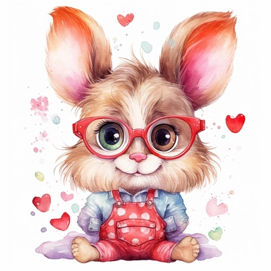 clipart, Watercolor funny bunny in glasses, portrait, childlike innocence and charm, big and adorable eyes, cute and charming expression, funny and floppy ears, rosy cheeks, shy bunny, foreboding colors, valentines day themed cute, around the bunny there are lovely hearts