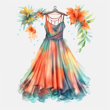 panoramic view, full view, beautiful flowing tropical party dress in vibrant colors on ornate hanger, shabby chic, elegant, ethereal, romantic, fantasy, high detail, shabby chic, sharp focus, 8k, illustration sketch, clipart style, transparent background