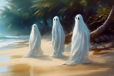 realistic clipart ghosts on the tropical beach, digital painting