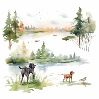 watercolor hunting scene in forest or fields with lake in vicinity on white background with setter and pointer dogs in pointing stand , illustrations clipart set, simple, , cartoon elements ,different variants , natural elements, separate elements with a margin, ,4k, high resolution, , natural colors, vibrant green tones, birds,