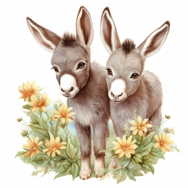 cute but realistic color pencil sketch clipart. baby donkeys, sitting in the flowers