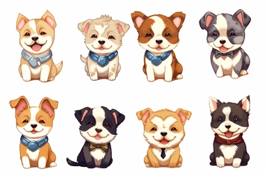 9 sets of a cute baby puppies Munchkin, smile,round face,round head,Wearing a tie,different poses,different breeds, clipart, isolated on white background, spaced out,