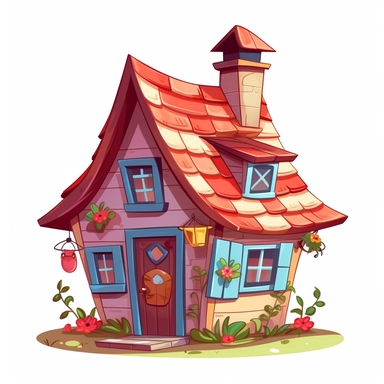 clipart of a cute tiny house, white background, cartoon style, isolated on white