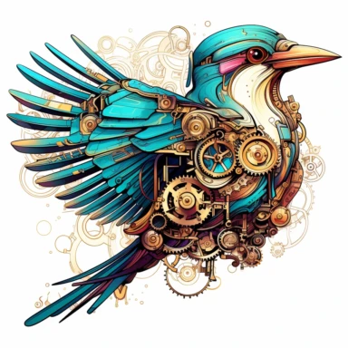 clipart, isolated on white background, a bird with bold colors, in the style of detailed science fiction illustrations, ivory, mysterious backdrops, quadratura, fairycore, wimmelbilder, fantastical machines