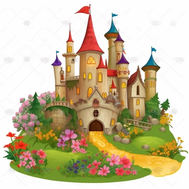 Sticker Clip Art of a big medieval fairy tale castle, garden with flowers, illustrated in playful and realistic style, castle from a rich kingdom, children friendly, perfect for any special occasion, cut out in the shape of a castle, children friendly, with no visible background, giving it the appearance of a sticker, edited with Adobe Photoshop to adjust brightness and contrast, rendered as a transparent PNG file with a high resolution to ensure a crisp and clear image with no pixelation, suita