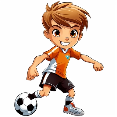 a 10 year old short dark blond hair boy as a soccer star, comic style clipart like paw patrol
