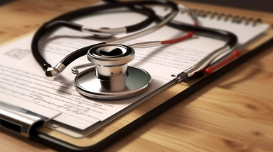 top view of a clipboard and a stethoscope, super detailed, artistic, sharp focus, high quality, award winning photography, hyperrealistic painting