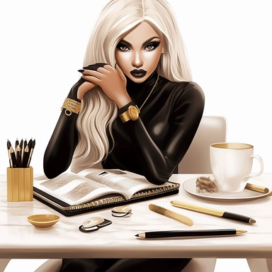Gold table, Planner Girl Clipart, Boss lady black girl , Illustration, Girl Boss Clipart, beauty therapist, lash artist, make up artist, illustration, realistic, Boss Lady, fashion, modern women, entreprenuer, Boss Lady, Female Entrepreneur, Business Women, Asian women, long hair wearing heels, designer bag and sun glasses