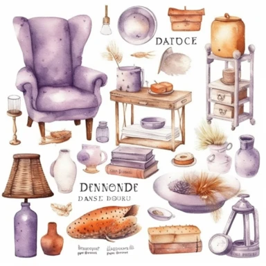 home decor items isolated on white background, watercolor Clipart Collection, cute objects , high quality intricate detailed illustrations, delicate pencil texture, dotted texture, intense vivid colors, burnt sienna, lavender, beige colors, panasonic lumix s pro 50mm f/ 1. 4, rough clusters, strong use of contrast, dreamy mood