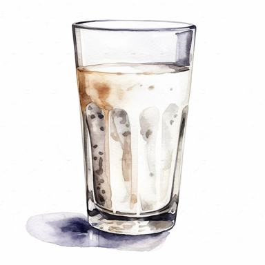 one Glass of milk Watercolor clipart on a white background, hyperrealistic compositions, environmental awareness, dark white and dark bronze, text and emoji installations, textured illustrations, luminous watercolors , no watermark, text, words, paintbrush, 300 DPI, typography, the images do not stick together, no text in the picture, no text in the picture