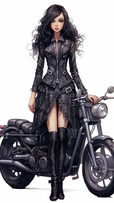 watercolor mixed media goth steampunk girl entire body illustration in front of a goth steampunk motorcycle clipart by holly hobbie