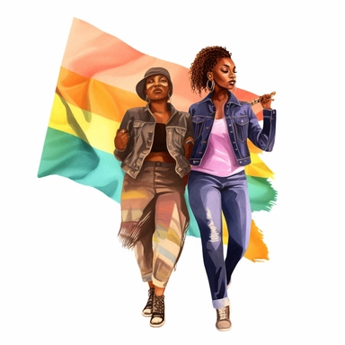 beautiful gay black women with LGBT Rainbow Flag, illustration clipart, high detailed, white background, digital art, watercolor