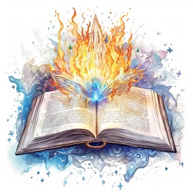 Solid white background, Detailed watercolor open ancient wizard magic book with symetrical love magic swelling from the book's pages clipart. The visable pages of the book have glowing etched runes on them visibly.