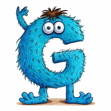 clipart style blue letter G with black line, with arms, legs and friendly cute face for children, isolated, white background,