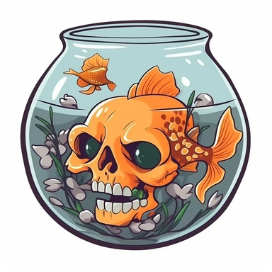 cartoon skull in a fishbowl underwater with goldfish sticker vector clipart design on a white backdrop