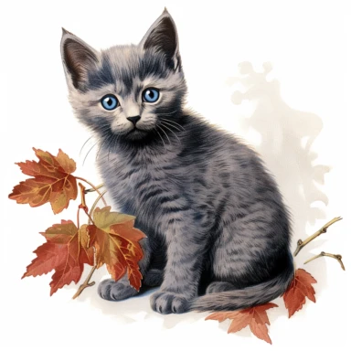 autumn themed russian blue kitten, vintage clip art