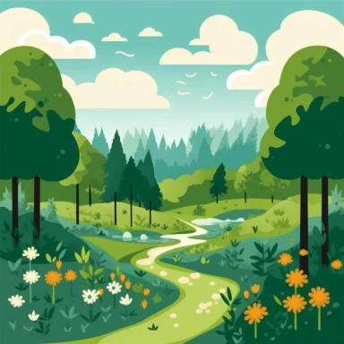 cartoon, childrens book illustration, clip art, simplistic flat art vector image of a forest landscape, an open area surrounded by trees