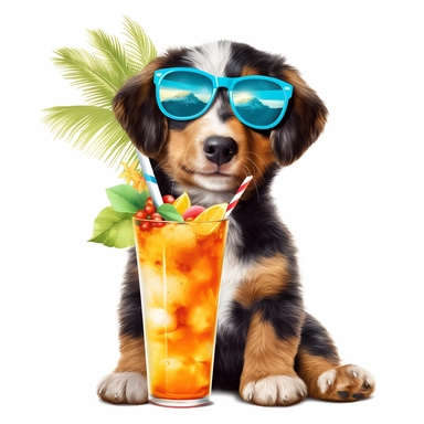 Imagine a cheerful clipart puppy wearing sunglasses and a Hawaiian shirt, lounging on a beach towel with a tropical drink in its paw, enjoying a sunny day on a clean white background. 08158