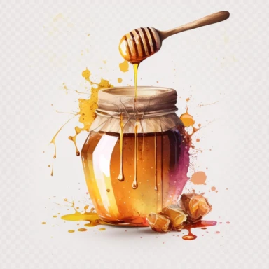 clipart watercolor, honey jar overflowing with honey with honey dripping stick, , hd, on white background ar 3:2 s 1000