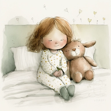 a smile with fun charming little girl holding her pajamas bunny , watercolor and pencil drawing, happy, gentle smile, beautiful watercolor ink wash coloring, thick pencil lines, Jon klassen, beatrix potter, watercolor illustrations clipart, watercolor illlustrations for kids and children, plain white background