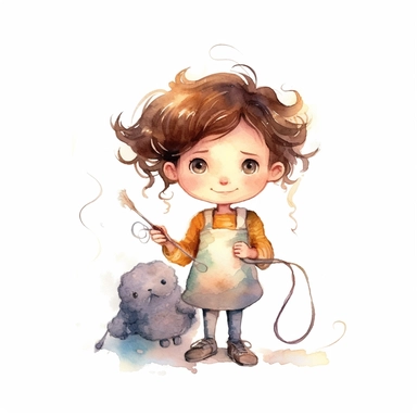 border colie little girl short brown hair playing with coilie watercolor clipart