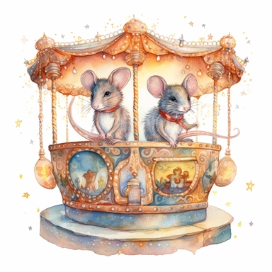 A pair of mischievous mice riding a whimsical carousel of their own creation, with intricately carved wooden animals and twinkling lights. Watercolor clipart in HD on a white background.