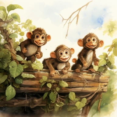6 little monkeys jumping in the trees, watercolour clipart, children’s storybook illustration