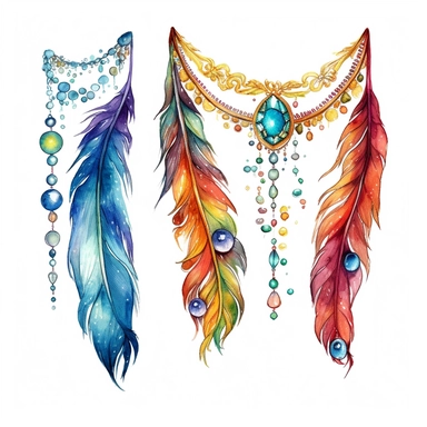 a feathered and beaded divider clipart, watercolor, firm outline