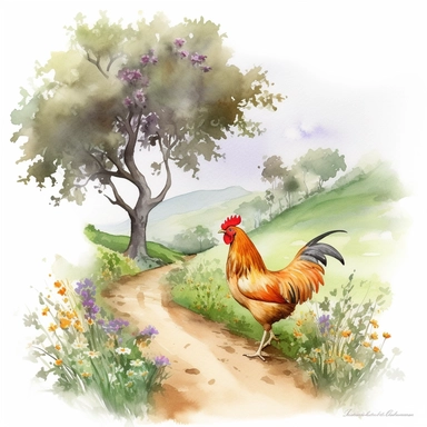 Visualize a clipart-style watercolor illustration of a chicken strutting along a trail with a ranch in the distance, surrounded by wildflowers on a summer day, set against a clean white background. The chicken is roosting on a branch of a tree that leans into the painting. The leaning tree and the line of the branch should create depth and leading lines, focusing on the bird against the clean white backdrop. The composition should place the chicken centrally, emphasizing its intricate details an