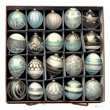 Ella bailey watercolour illustration with black gel pen outline style box of vintage christmas ornaments, high definition, 8k, insanely detailed, fine detail, sharp focus, illustration, white background, isolated clipart vector