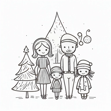 cute Family celebrating Christmas, thin black outline on White Background, Clipart style