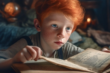 a cute ginger freckled ten-year-old boy is reading a book in the genre of combat marine fantasy, a watercolor clipart. The boy dreams of becoming a long-distance sailing captain. Sharp focus + Close-up textures + Hyper-realistic textures, Color contrast, Precise details, Complexity, hdr. 8k