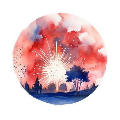 4th of July red white and blue Firework watercolor clipart, detailed, in the sky during sunset over a hill, white background