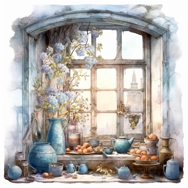 watercolor mixed media part of a royal kitchen with an open window inside a village house, on the windowsill there is an apple cake and a vase with apple blossoms and jars of apple jam, floral wallpaper around the window, with a cozy interior, masterpiece by Hans Zatzka and by Alexander Jansson and by Ryohei Hase, victorian Architecture, PNG clipart, isolated on white, extreme photorealistic details, 32k HD resolution, realistic high detailization high resolution