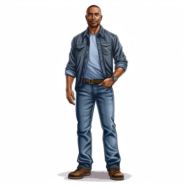 ultra realistic, hand drawn clipart, a African American dad stands tall and confident, his clean-cut appearance exuding a sense of professionalism and maturity. He is dressed in a stylish denim outfit, consisting of a well-fitted jacket and matching jeans, which accentuate his toned physique. His crisp white shirt is neatly tucked into his jeans, and his sleeves are rolled up to the elbows, revealing his muscular arms. On his feet, he wears a pair of sleek Nike sneakers, adding a touch of sporty