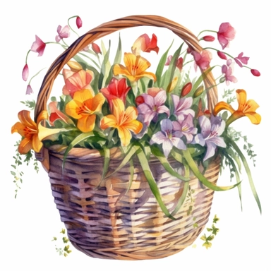 Clipart Watercolor in a colorful countryside setting with wild vegetation, a wicker basket with a bunch of beautiful colorful lilies inside the basket, the basket decorated with silk ribbons, delicate shadows, detailed realistic, white background