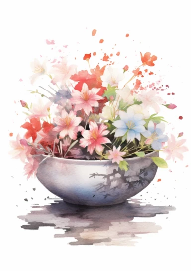 Bouquet of beautiful flowers in a Zen garden stone bowl - Japanese Serenity: Cherry Blossoms (Japan), Lotus (India), Chrysanthemums (China) - artistic watercolor clipart
