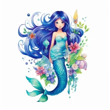 Clipart cute mermaid in full body with fish tail and pretty flowers, fairytale, underwater world, beautiful composition, watercolor paints, isolated objects on white background, imaginative, beautiful colors, turquoise, light blue, royal blue, fairytale, k8