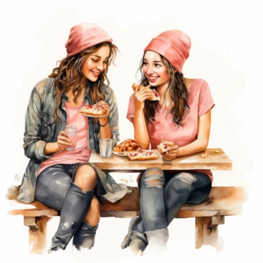 Watercolor Clipart, two young ladies, best friends, 19 Pink girly, single object, eating pizza together ,isolated on white background, highly detailed, hand painted watercolor illustration by Cath Kidston, Emma Bridgewater, png transparent background, white background for removing background - - no text shadow font watermark