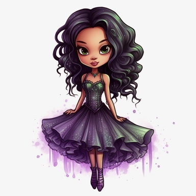 A cute detailed black girl in chibi style, Jasmine Becket - Griffith style, watercolour illustration clipart with real glitter detail, wearing a beautiful purple full length ballgown style dress, the girl has long black hair, the girl has green eyes, full body image, with feet isolated on a white background