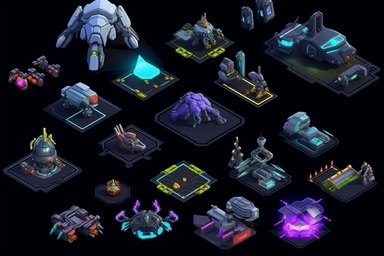 isometric game sprites, spritesheet, clipart, futuristic family hover crafts, gaming assets, sci-fi, fun, creative, cartoon render, hyper-detailed, black background, inspired by one random famous product designer, inspired by one random famous sci-fi movie